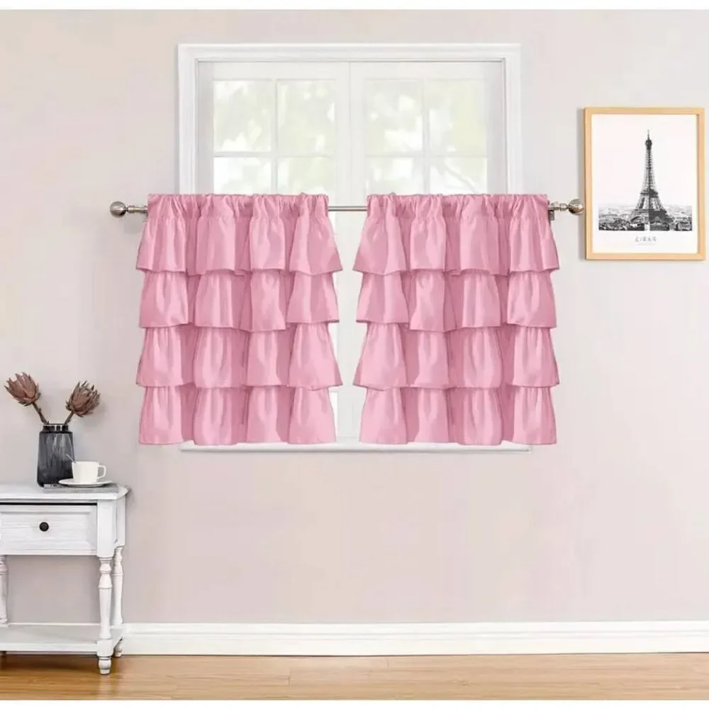2pc pink lace thickened small window curtains